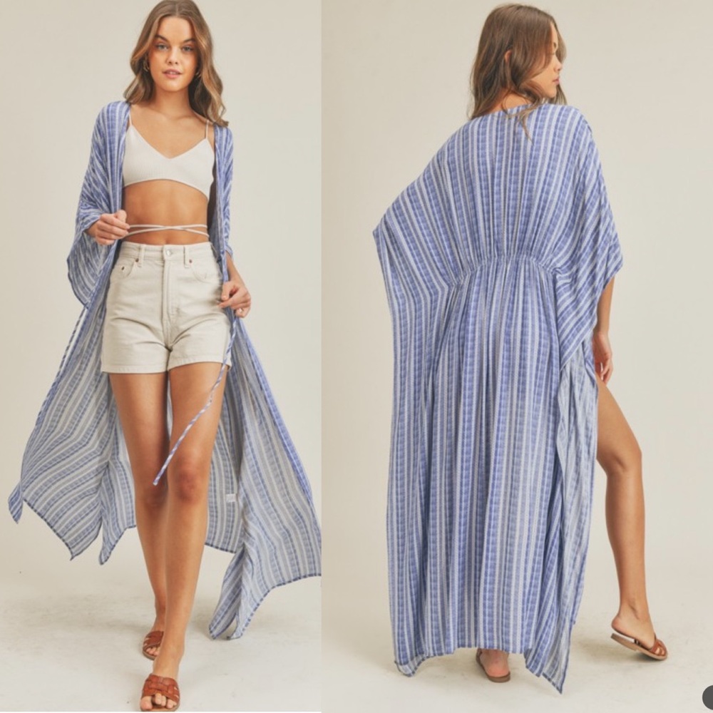 NWT LUSH Blue White Maxi Beach Cover Up Kimono Small
